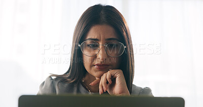 Buy stock photo Research, online and businesswoman with laptop in office, serious or paralegal with glasses for info. Law firm, space and thoughtful person with tech for legal records, reading and trial preparation