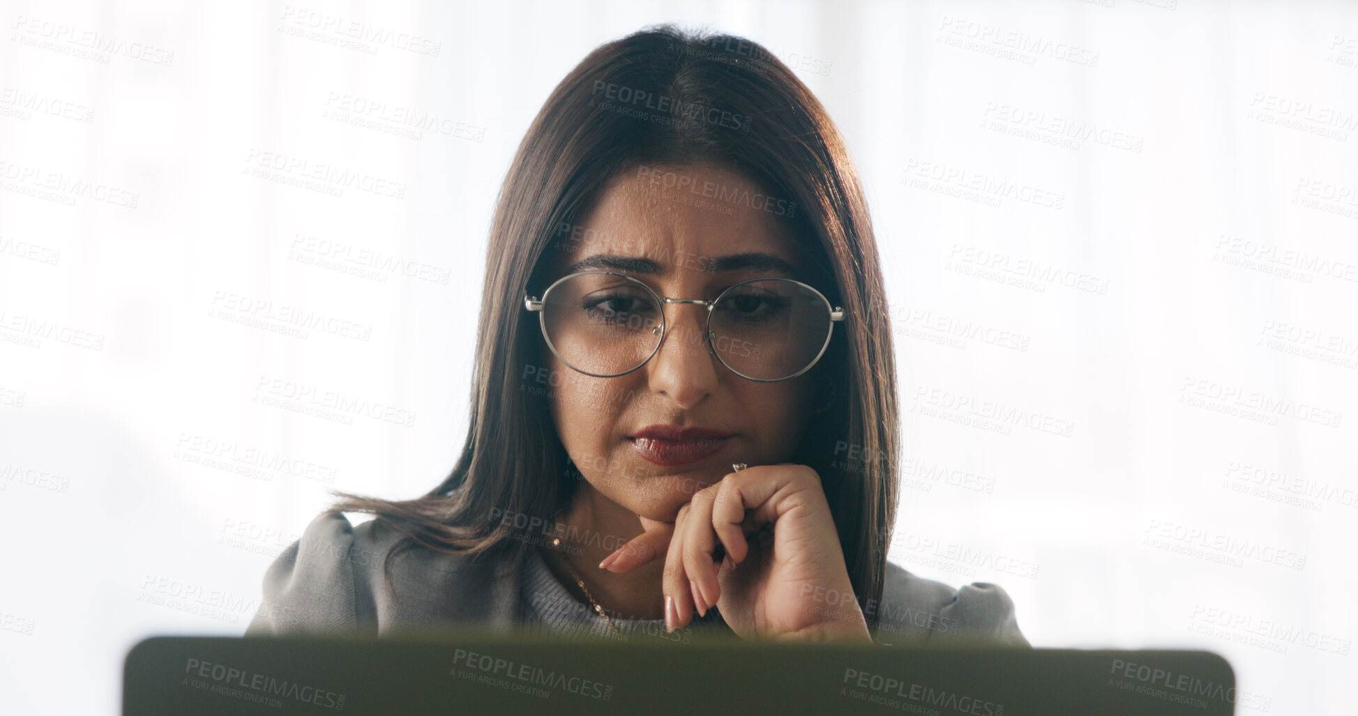 Buy stock photo Research, online and businesswoman with laptop in office, serious or paralegal with glasses for info. Law firm, space and thoughtful person with tech for legal records, reading and trial preparation