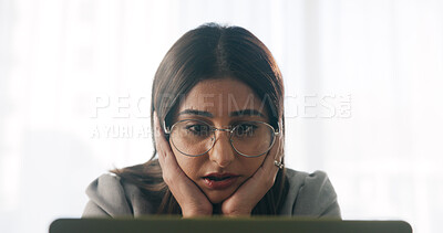 Buy stock photo Reading, laptop and business woman with stress in office, audit error and accounting mistake. Computer, accountant and person with financial fraud in workplace, bankruptcy email and tax crisis