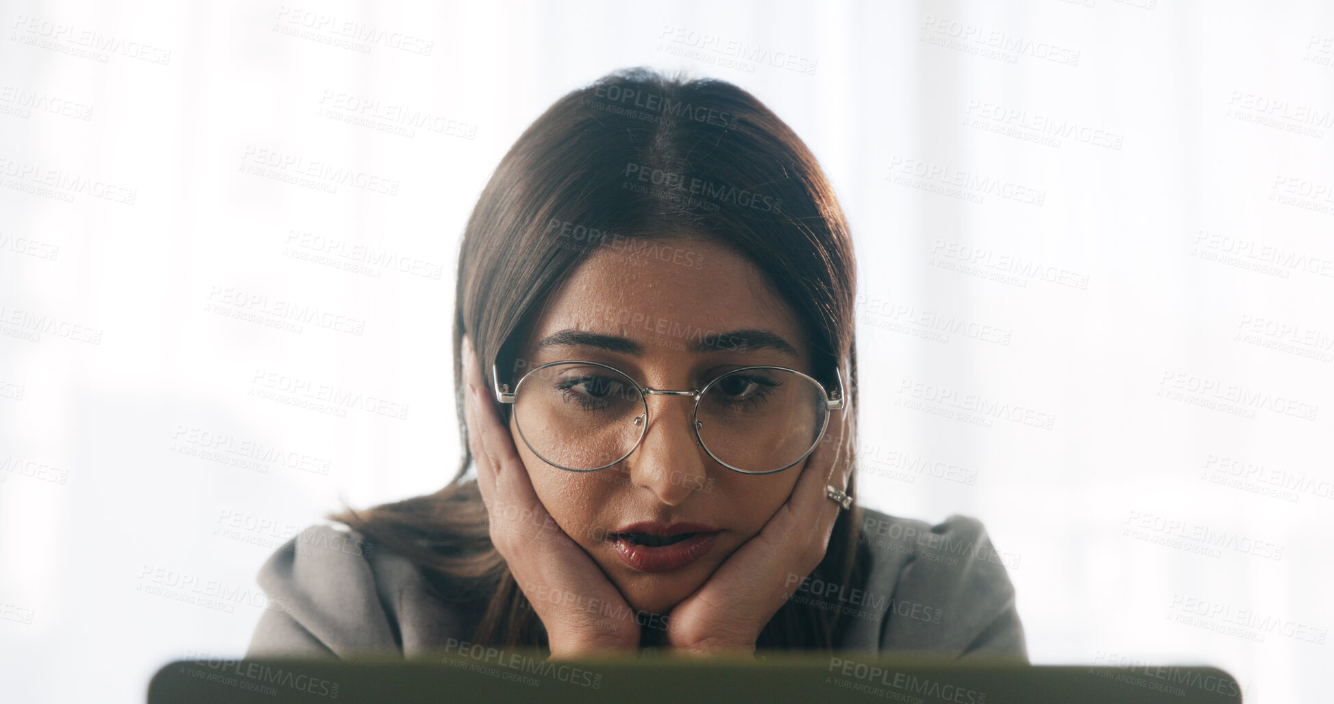 Buy stock photo Reading, laptop and business woman with stress in office, audit error and accounting mistake. Computer, accountant and person with financial fraud in workplace, bankruptcy email and tax crisis