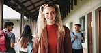 Student, girl or happy in campus portrait for education degree, semester start or study scholarship. Learn, gen z person and outdoor at community college for academic course, knowledge or opportunity