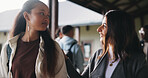 Conversation, advice and teacher with teenager at school for study tips, mentor or support. Education, discussion and educator talking to girl student for feedback on exam results at academy.