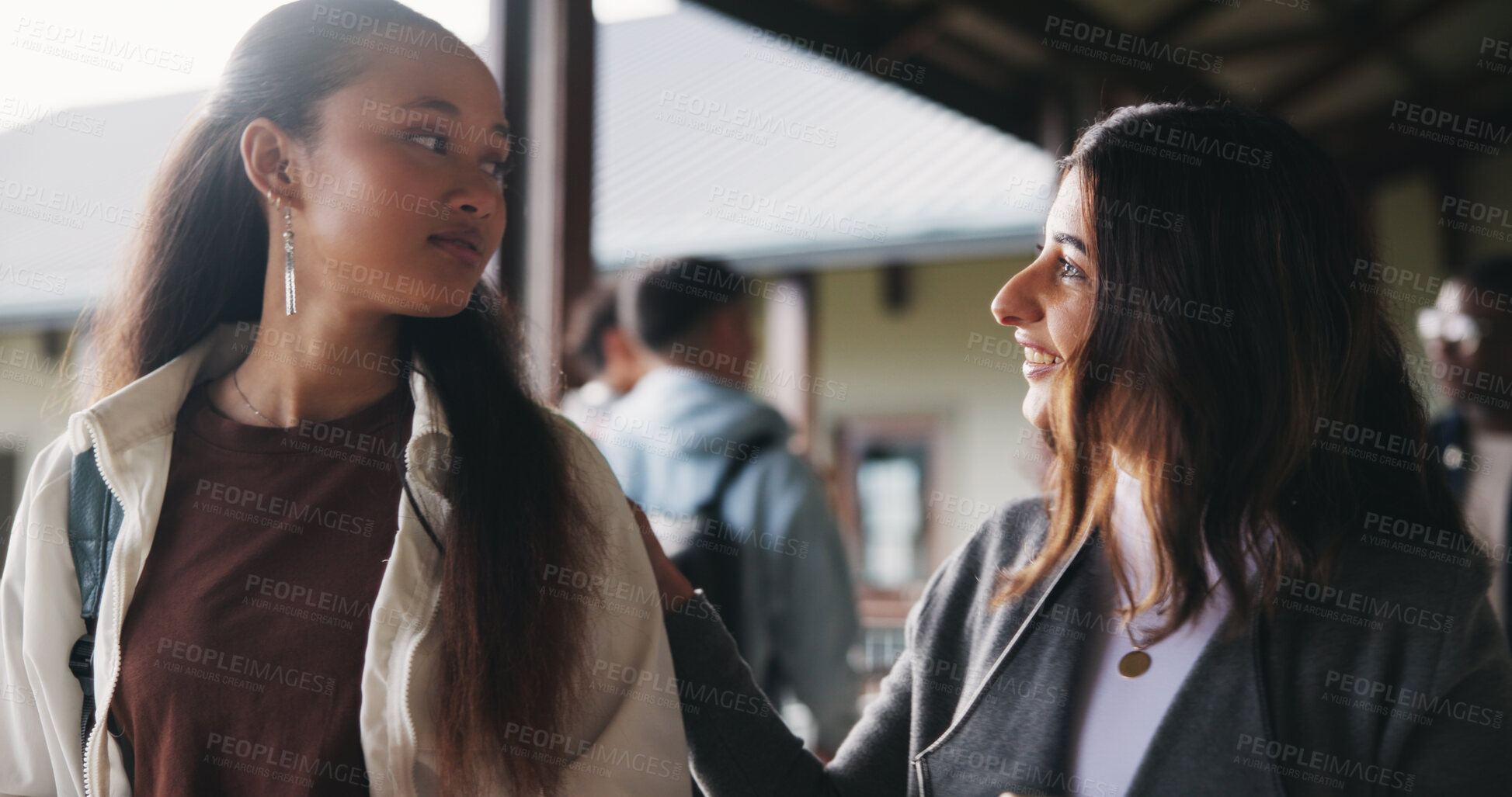 Buy stock photo Conversation, advice and teacher with teenager at school for study tips, mentor or support. Education, discussion and educator talking to girl student for feedback on exam results at academy