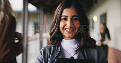 Buy stock photo Portrait, lecturer or woman in college with smile, academic experience or pride for teaching knowledge. Happy, person and teacher in hallway for university education, career and about us for academy.