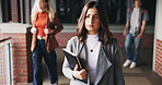 Serious, thinking and walking with high school teacher on campus for career in education. Academy, knowledge and teaching occupation with woman educator outdoor for ideas, inspiration and vision