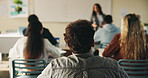 Learning, teenager or students with teacher in classroom, education or listen for lesson understanding. Lecture, curriculum or people with educator for academic development, project info or knowledge