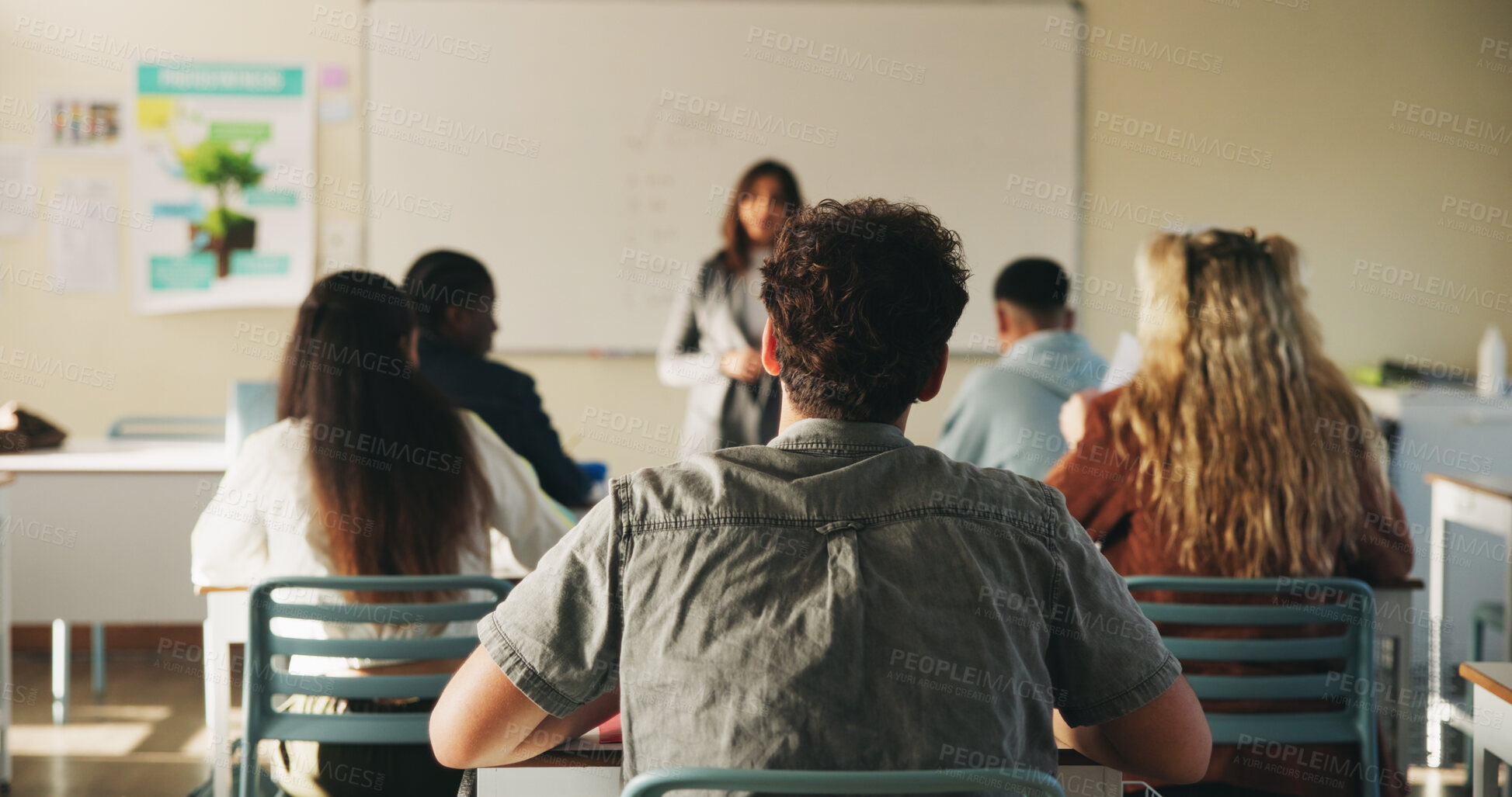 Buy stock photo Classroom, education and listening with back of students at college for development or learning. Attention, lecture and lesson with people at university for academics, curriculum or scholarship