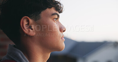 Buy stock photo Outdoor, inspiration and thinking with teen student on campus for development or growth. Education, future and opportunity with serious person at high school for academics, knowledge or study