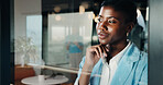 Woman, window and thinking with ambition for business startup, career development or growth. Thoughtful, female person or employee contemplating with idea for job opportunity or employment on space