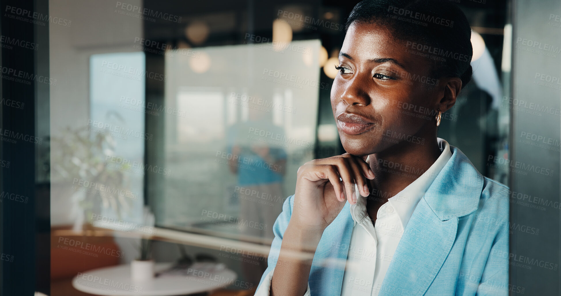 Buy stock photo Woman, window and thinking with ambition for business startup, career development or growth. Thoughtful, female person or employee contemplating with idea for job opportunity or employment on space