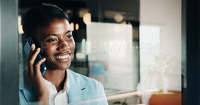 Buy stock photo Phone call, consultant and smile with black woman in office for client advisor, account manager and negotiation. Space, portfolio discussion and feedback with person in agency for communication