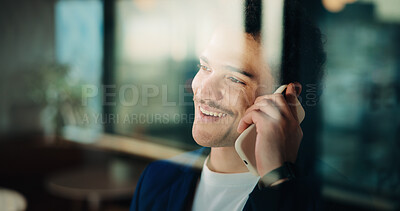 Buy stock photo Businessman, window and discussion with phone call in office for network or connection. Happy man, employee or smile with smartphone for online conversation, communication or mobile chat in workplace