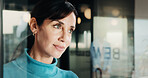 Thinking, window and businesswoman in office with ideas, reflection or decision for finance career. Planning, problem solving and female financial manager with choice for job opportunity in workplace