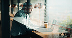 Coffee shop, business and black man on laptop by window for planning, finance report and research. Cafeteria, corporate and mature person on computer for financial review, investment and budget plan