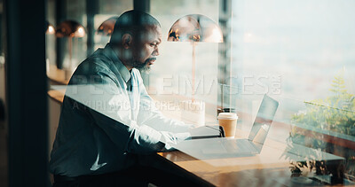 Buy stock photo Coffee shop, business and black man on laptop by window for planning, finance report and research. Cafeteria, corporate and mature person on computer for financial review, investment and budget plan