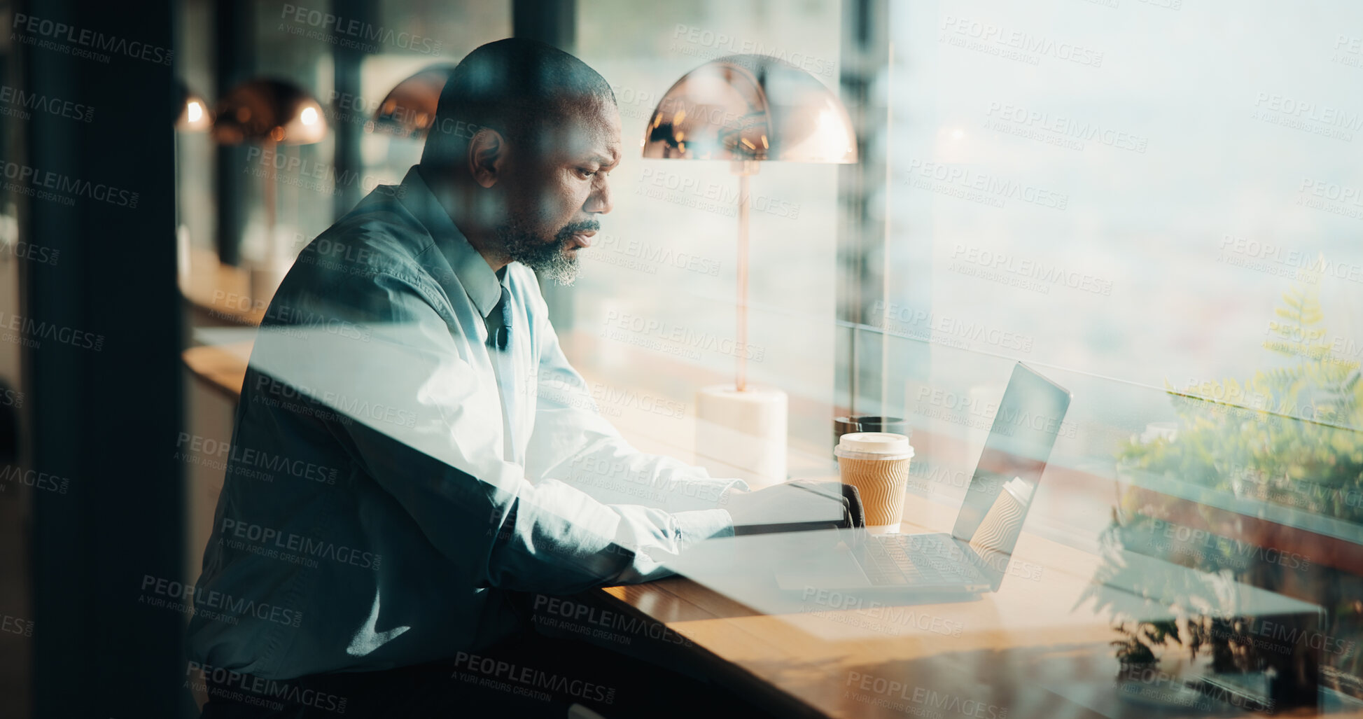 Buy stock photo Coffee shop, business and black man on laptop by window for planning, finance report and research. Cafeteria, corporate and mature person on computer for financial review, investment and budget plan