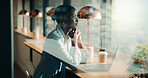 Thinking, business and black woman with laptop at cafe for accounting, planning and audit solution. Happy, person or pc with reflection, problem solving and ideas for financial funding at coffee shop