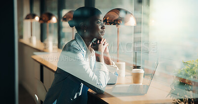 Buy stock photo Thinking, business and black woman with laptop at cafe for accounting, planning and audit solution. Happy, person or pc with reflection, problem solving and ideas for financial funding at coffee shop