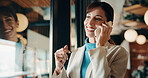 Phone call, consultant and smile with woman in office for client advisor, account manager and negotiation. Space, portfolio discussion and feedback with mature person in agency for communication