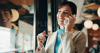 Buy stock photo Phone call, consultant and smile with woman in office for client advisor, account manager and negotiation. Space, portfolio discussion and feedback with mature person in agency for communication