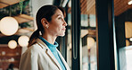 Thinking, window and businesswoman in office with planning, reflection or decision for finance career. Ideas, problem solving and female financial manager with choice for job opportunity in workplace