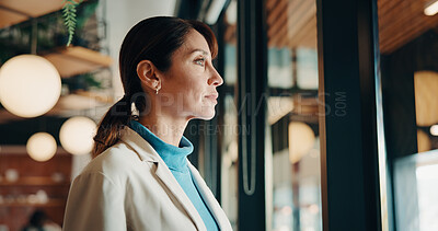 Buy stock photo Thinking, window and businesswoman in office with planning, reflection or decision for finance career. Ideas, problem solving and female financial manager with choice for job opportunity in workplace