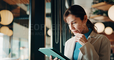 Buy stock photo Tablet, consultant and reading with woman in office for client advisor, account manager and negotiation. Window, portfolio research and feedback with mature person in agency for communication