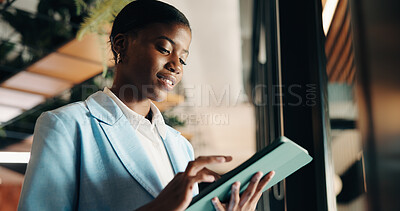Buy stock photo Tablet, consultant and thinking with black woman in office for client advisor, account manager and negotiation. Window, portfolio research and feedback with person in agency for communication