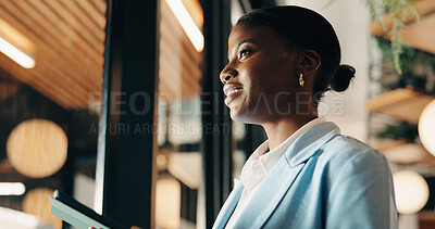 Buy stock photo Tablet, consultant and ideas with black woman in office for client advisor, account manager and negotiation. Window, portfolio research and online feedback with person in agency for communication