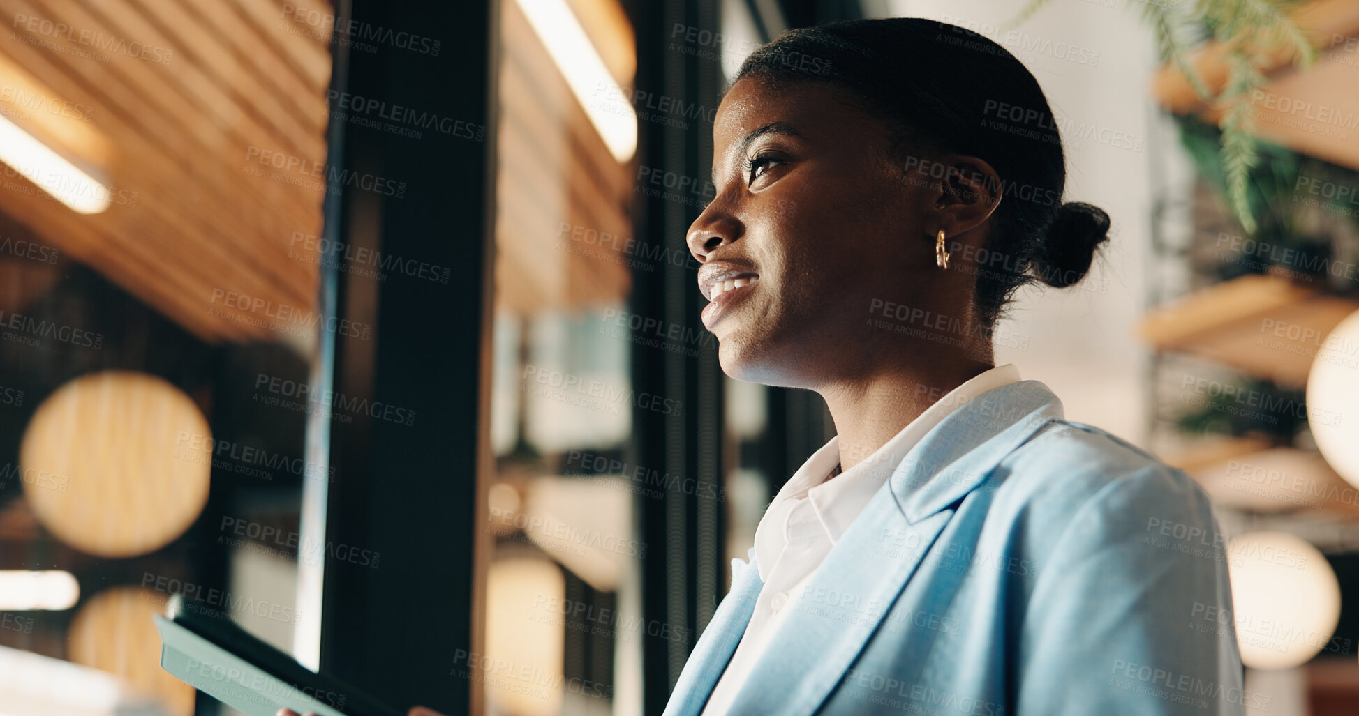 Buy stock photo Tablet, consultant and ideas with black woman in office for client advisor, account manager and negotiation. Window, portfolio research and online feedback with person in agency for communication