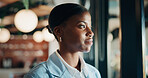 Thinking, window and black woman in office with ideas, reflection or decision for finance career. Planning, problem solving and female financial manager with choice for job opportunity in workplace.