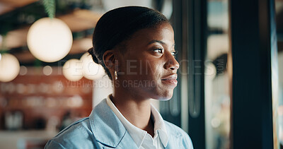 Buy stock photo Thinking, window and black woman in office with ideas, reflection or decision for finance career. Planning, problem solving and female financial manager with choice for job opportunity in workplace.