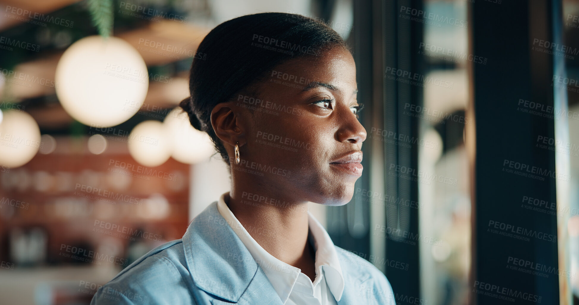Buy stock photo Thinking, window and black woman in office with ideas, reflection or decision for finance career. Planning, problem solving and female financial manager with choice for job opportunity in workplace.
