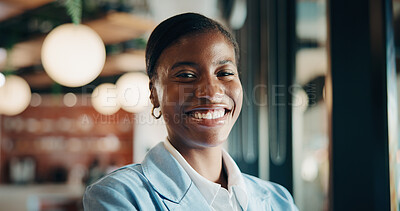 Buy stock photo Happy, professional and portrait of black woman in office with confidence for finance career. Smile, job opportunity and African female financial manager with pride for company about us in workplace.