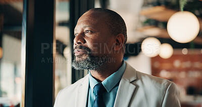 Buy stock photo Thinking, window and black man in office with planning, decision or ideas for finance career. Problem solving, professional and mature financial manager with choice for job opportunity in workplace.