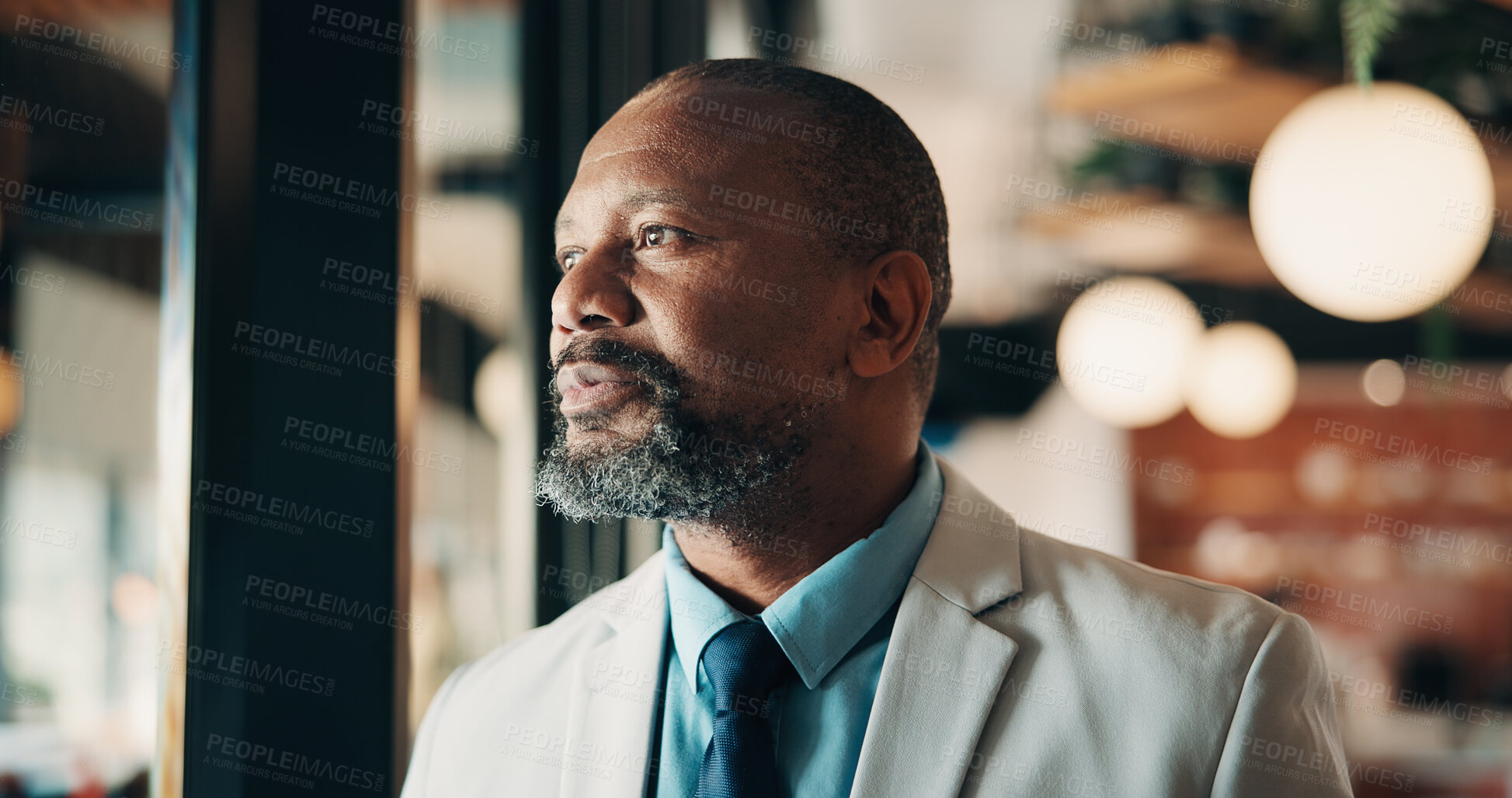 Buy stock photo Thinking, window and black man in office with planning, decision or ideas for finance career. Problem solving, professional and mature financial manager with choice for job opportunity in workplace.