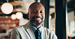 Happy, professional and portrait of black man in office with confidence for finance career. Smile, job opportunity and mature male financial manager with pride for company about us in workplace.