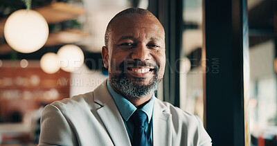 Buy stock photo Happy, professional and portrait of black man in office with confidence for finance career. Smile, job opportunity and mature male financial manager with pride for company about us in workplace.