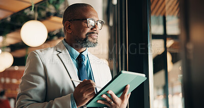 Buy stock photo Businessman, glasses and thinking with tablet in cafe, private wealth attorney and will draft on web. Black person, reflection and mature lawyer with tech in shop, remote work and estate planning