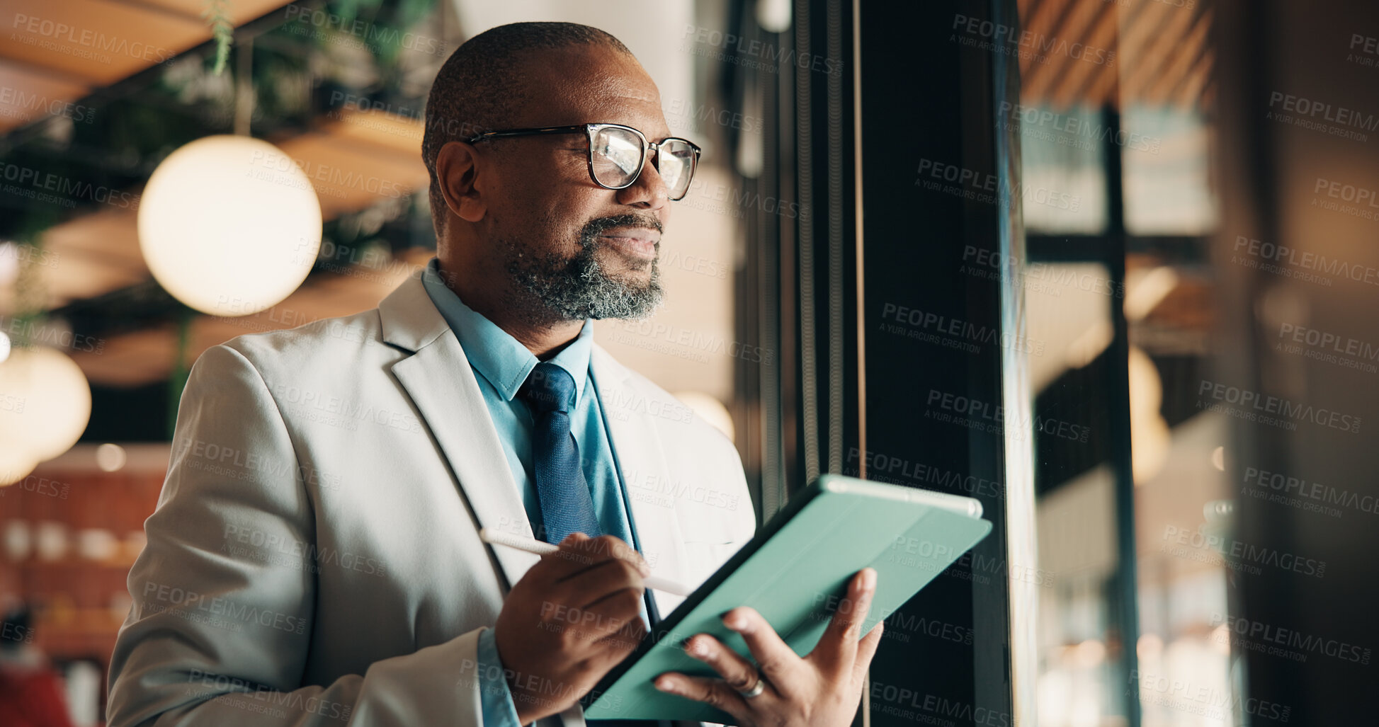 Buy stock photo Businessman, glasses and thinking with tablet in cafe, private wealth attorney and will draft on web. Black person, reflection and mature lawyer with tech in shop, remote work and estate planning