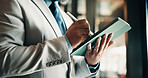 Businessman, hands and research with tablet in office, private wealth lawyer or drafting will on web. Writing, legal info and estate planning with stylus, online and person with tech in law firm