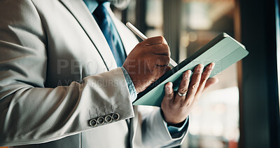 Buy stock photo Businessman, hands and research with tablet in office, private wealth lawyer or drafting will on web. Writing, legal info and estate planning with stylus, online and person with tech in law firm