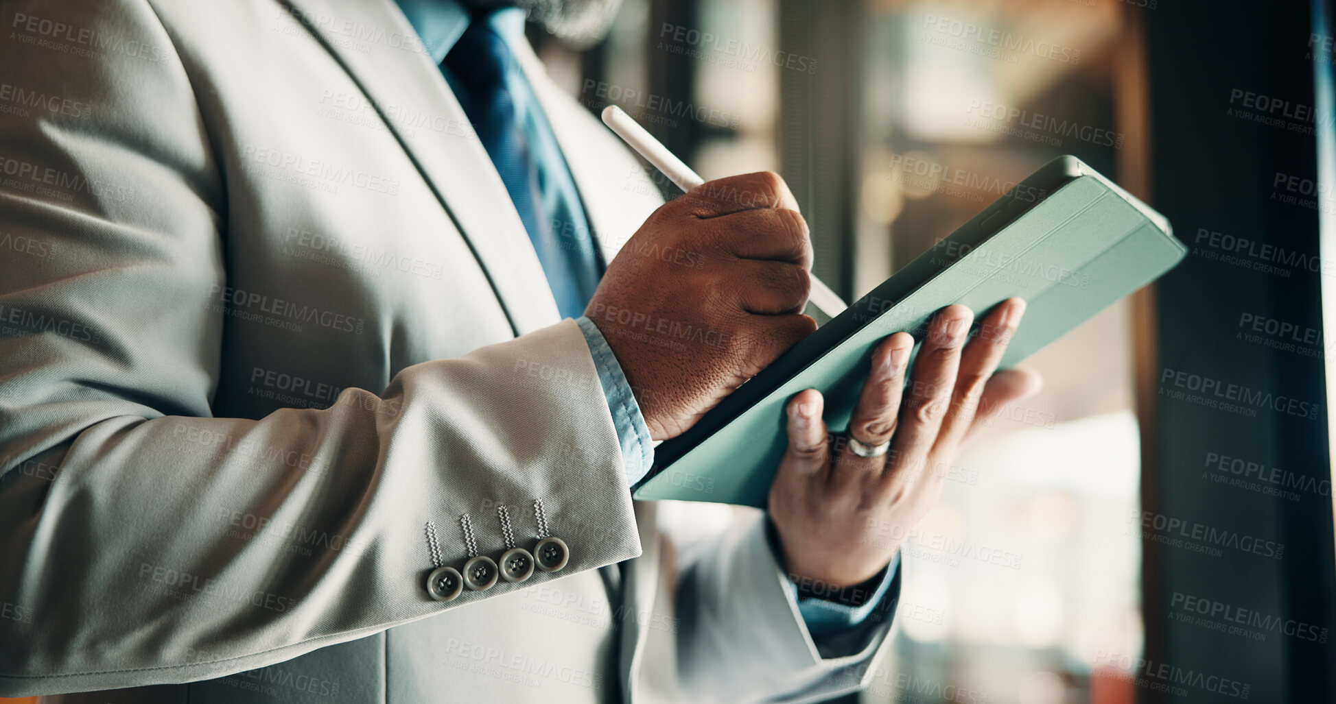 Buy stock photo Businessman, hands and research with tablet in office, private wealth lawyer or drafting will on web. Writing, legal info and estate planning with stylus, online and person with tech in law firm