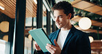 Tablet, research and businessman in office with email for feedback on investment proposal. Digital technology, communication and financial manager with online review on finance report in workplace.
