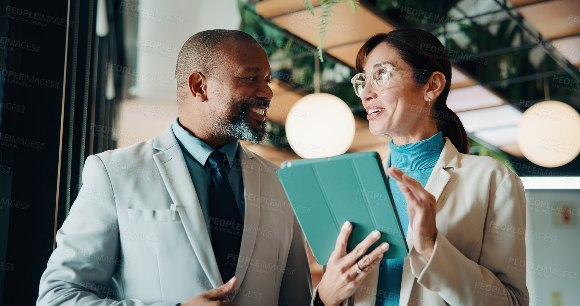Buy stock photo Businessman, woman or review with tablet at office for property development, report or proposal. Mature people, broker or realtor with tech, application and happy with valuation at real estate agency