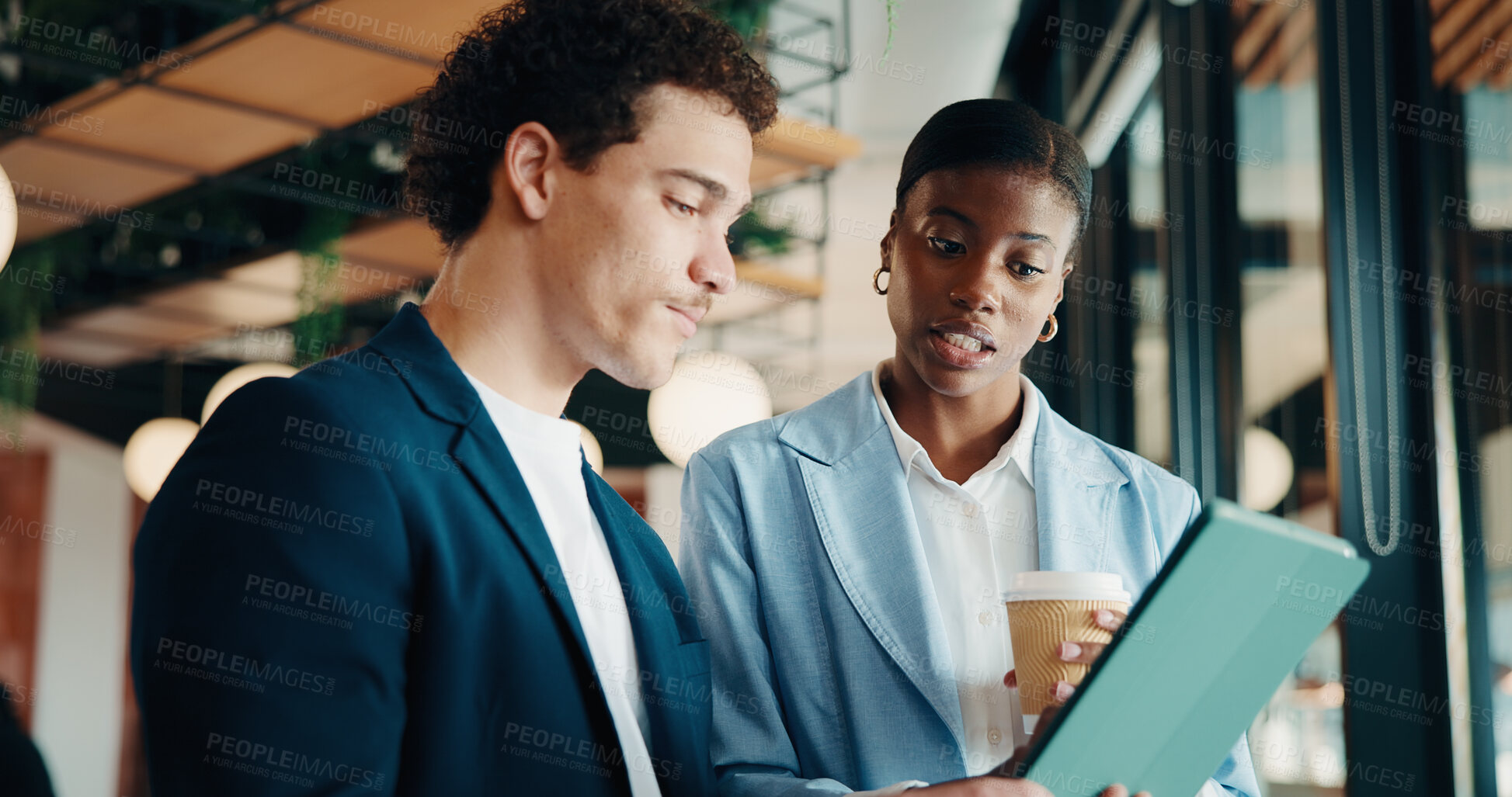 Buy stock photo Businessman, woman and report with tablet at office for property development, coffee or proposal. People, broker and realtor with tech, application and discussion with valuation at real estate agency