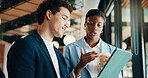 Businessman, woman and strategy with tablet at office for property development, coffee or proposal. People, broker and realtor on tech, application or discussion with valuation at real estate agency