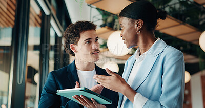 Buy stock photo Businessman, woman and insight with tablet at office for property development, report or proposal. People, broker and realtor with tech, application and happy with valuation at real estate agency