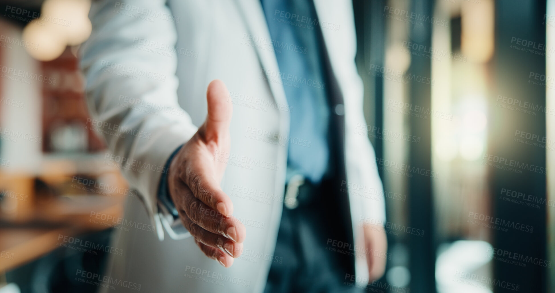 Buy stock photo Handshake, partnership and business person in office with offer, greeting or finance negotiation. Contract, welcome POV and financial advisor with hand gesture for investment, agreement or b2b deal