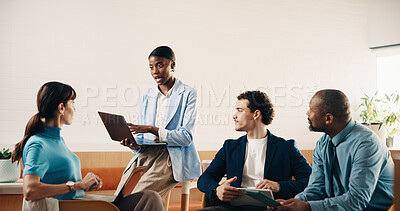 Buy stock photo Meeting, laptop and team in coffee shop with planning for small business, startup or project. Collaboration, online review and group of people with strategy, proposal or talking of investment in cafe